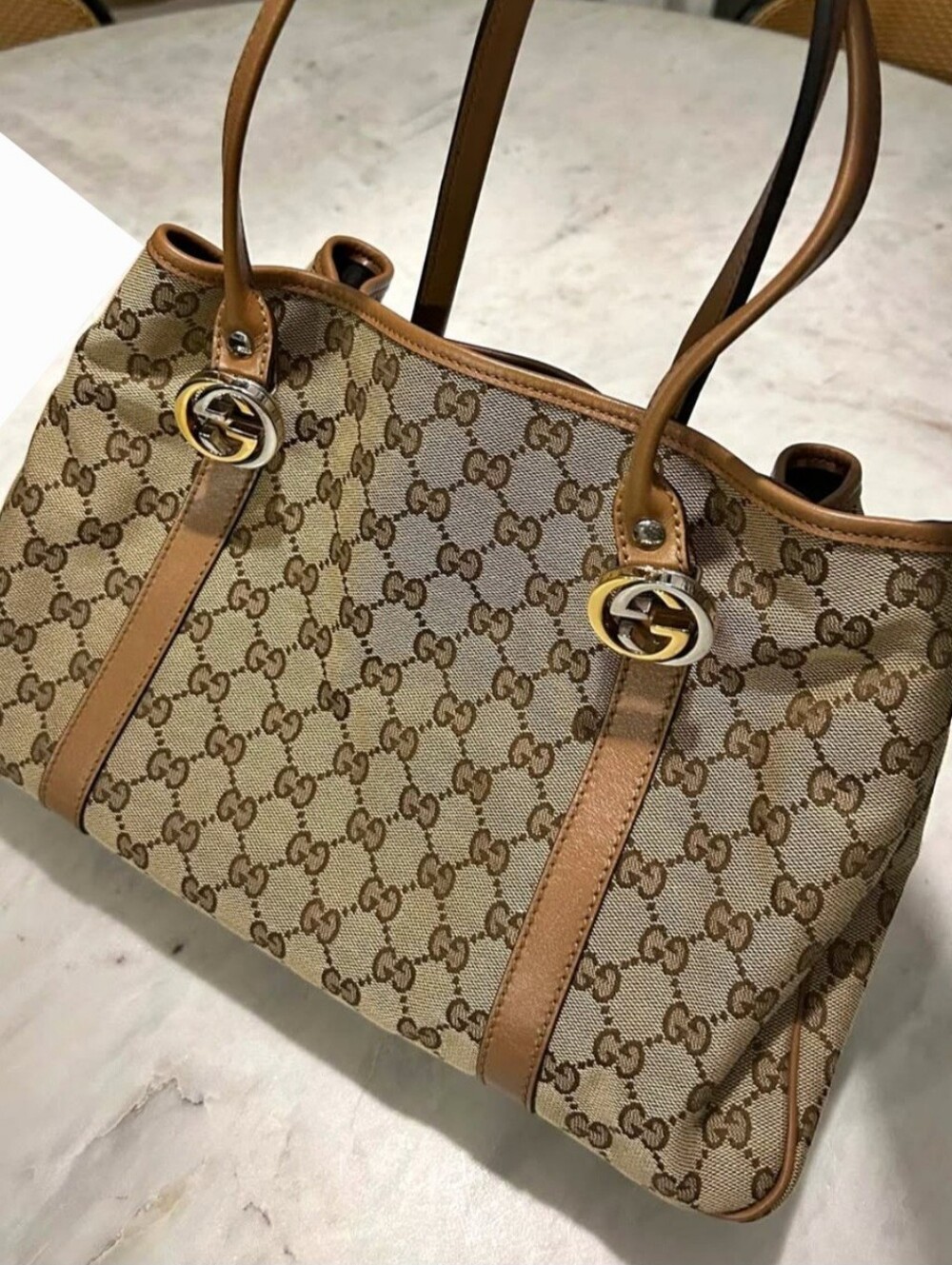 Gucci Beige GG Canvas Leather Tote